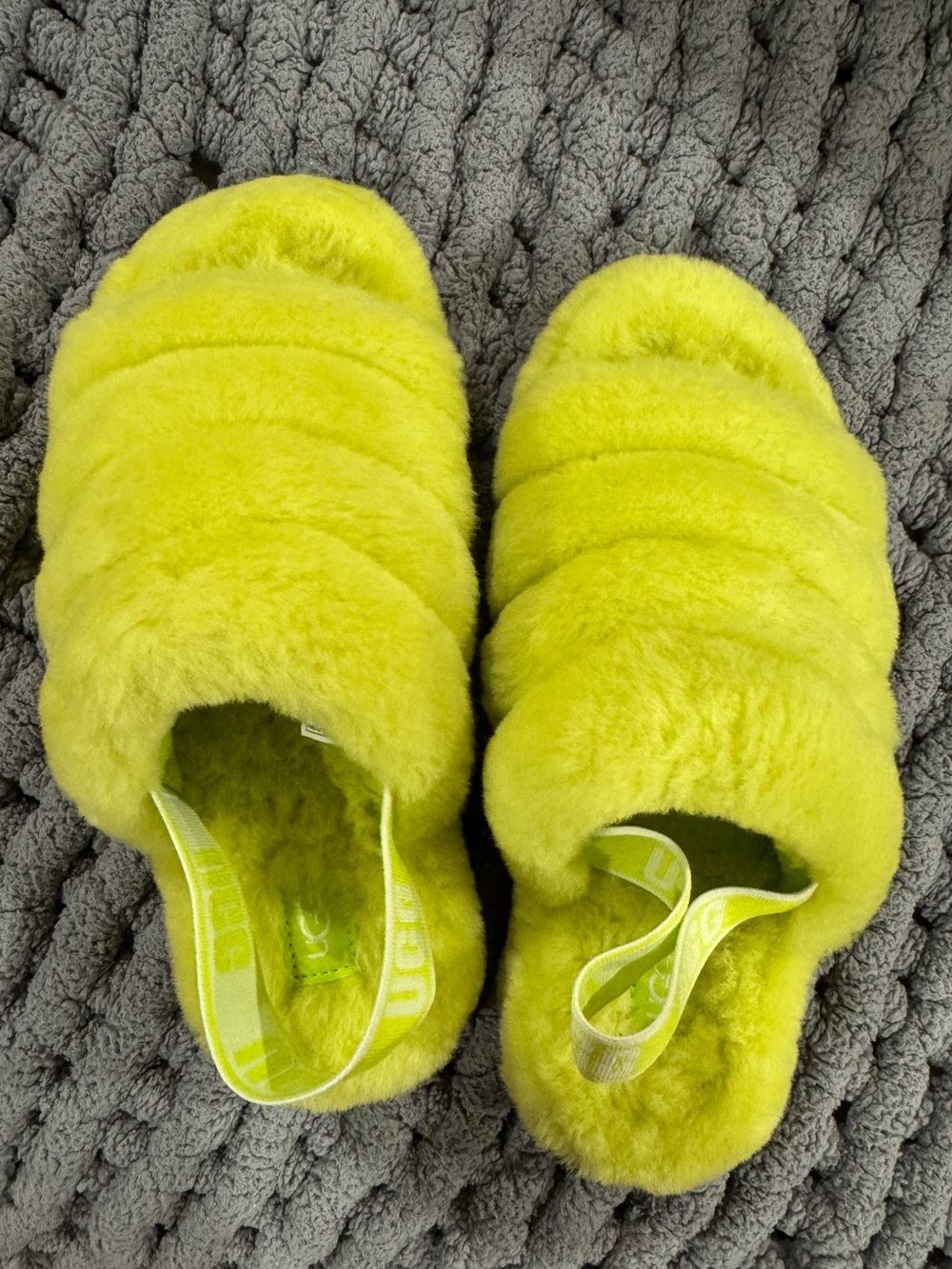 UGG Neon Yellow Fluff Slide Slippers